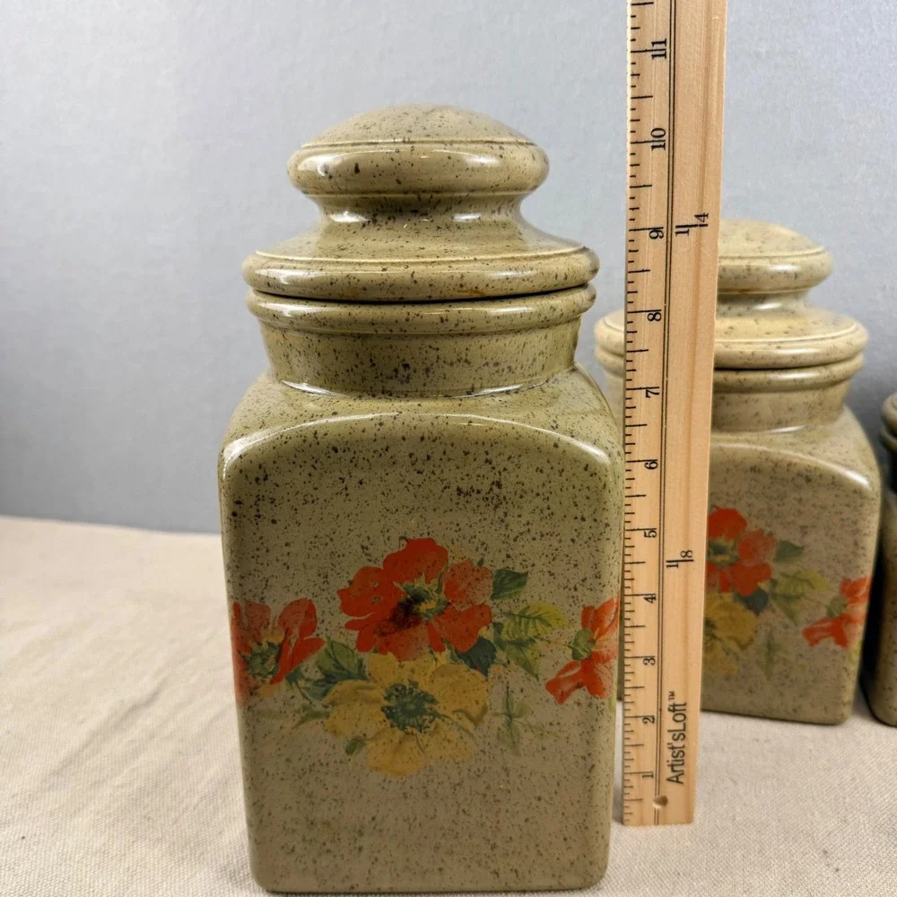 Vintage Clara's Ceramics Floral‎ Canister Set 3 Speckled Stoneware Retro Kitchen